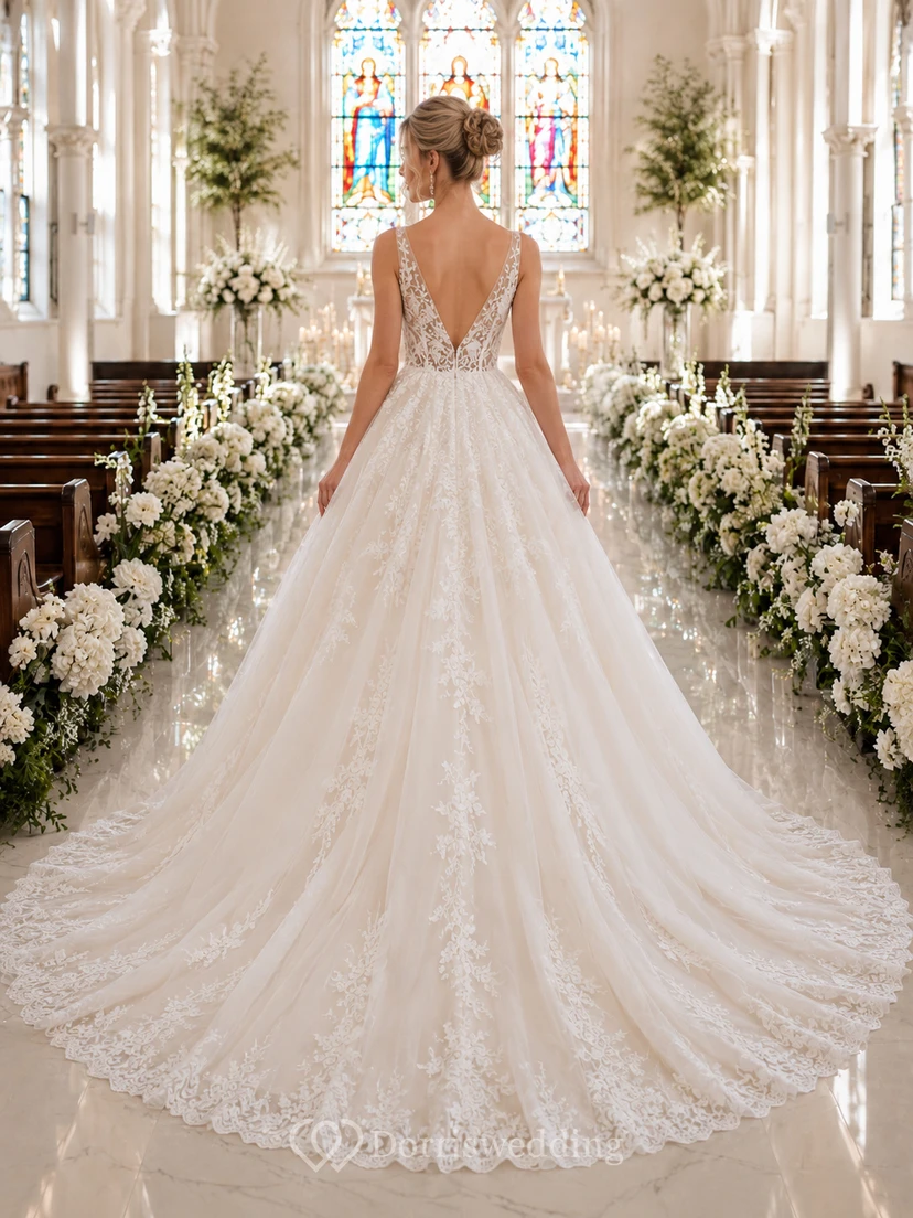 Vestido de novia de encaje y tul, estilo princesa, escote corazón, sin mangas, cola de capilla, con apliques. view 2