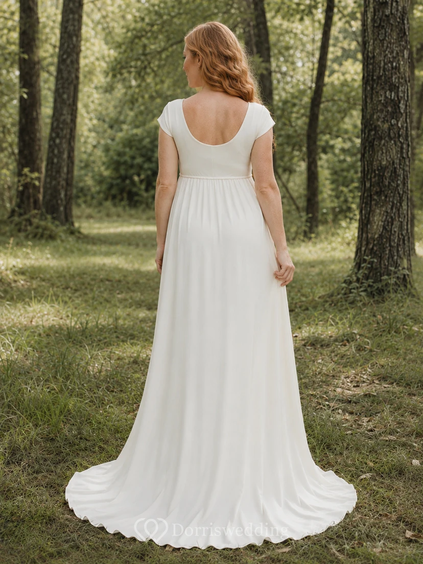 Vestido de novia sencillo de maternidad con escote redondo y mangas cortas, estilo bosque. view 2