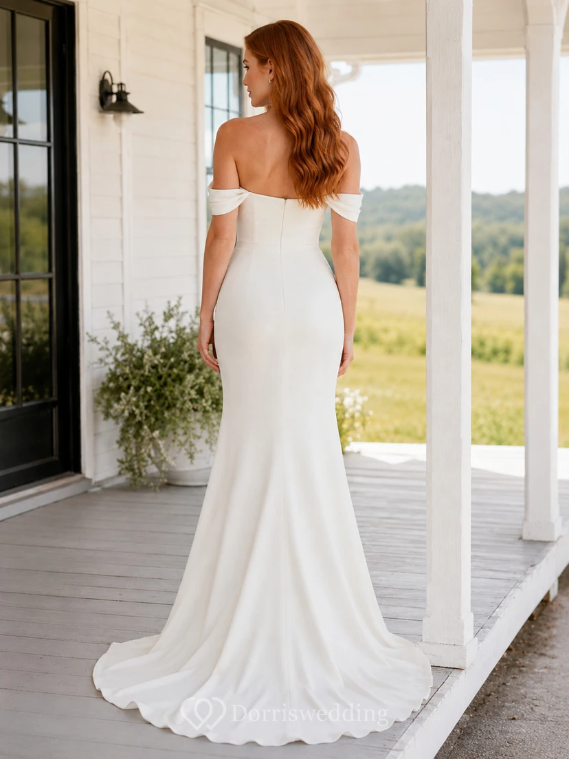 Minimalist Crepe Mermaid Off Shoulder Short Sleeve Wedding Dress Simple view 2