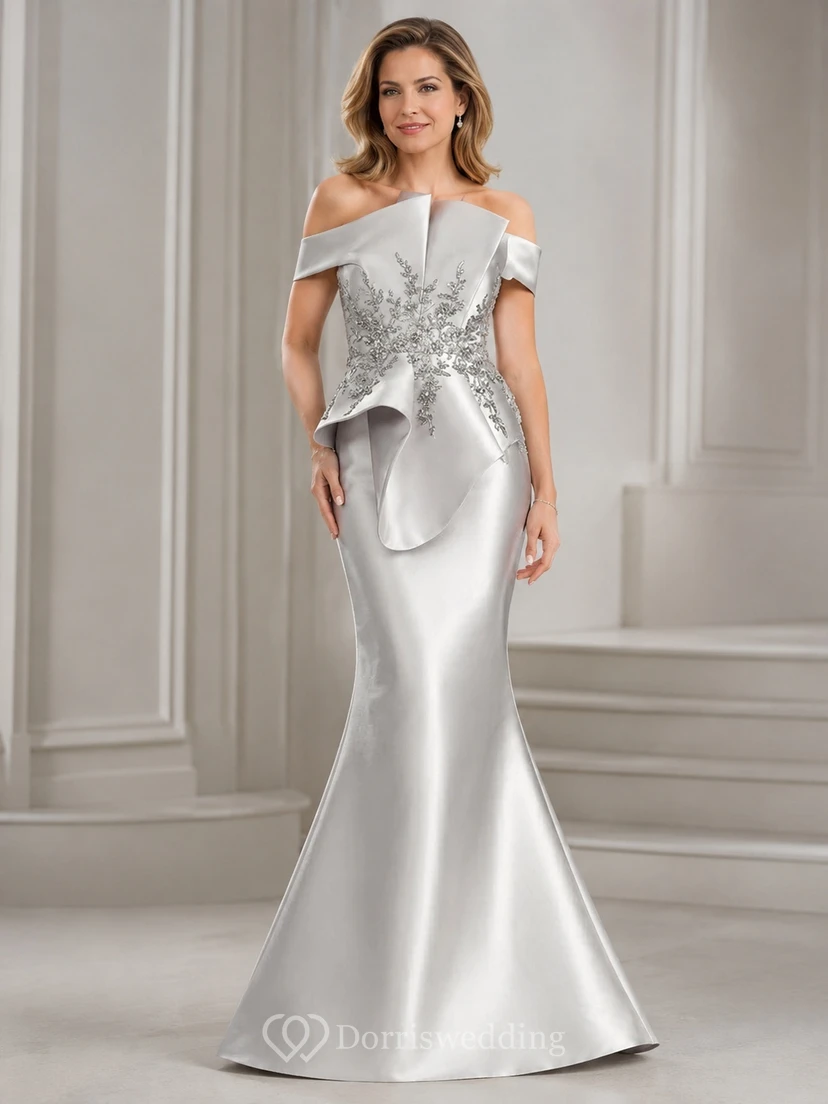 Silver Satin Off-the-shoulder Mermaid Floral Draped Floor-length Luxury Mother Dress