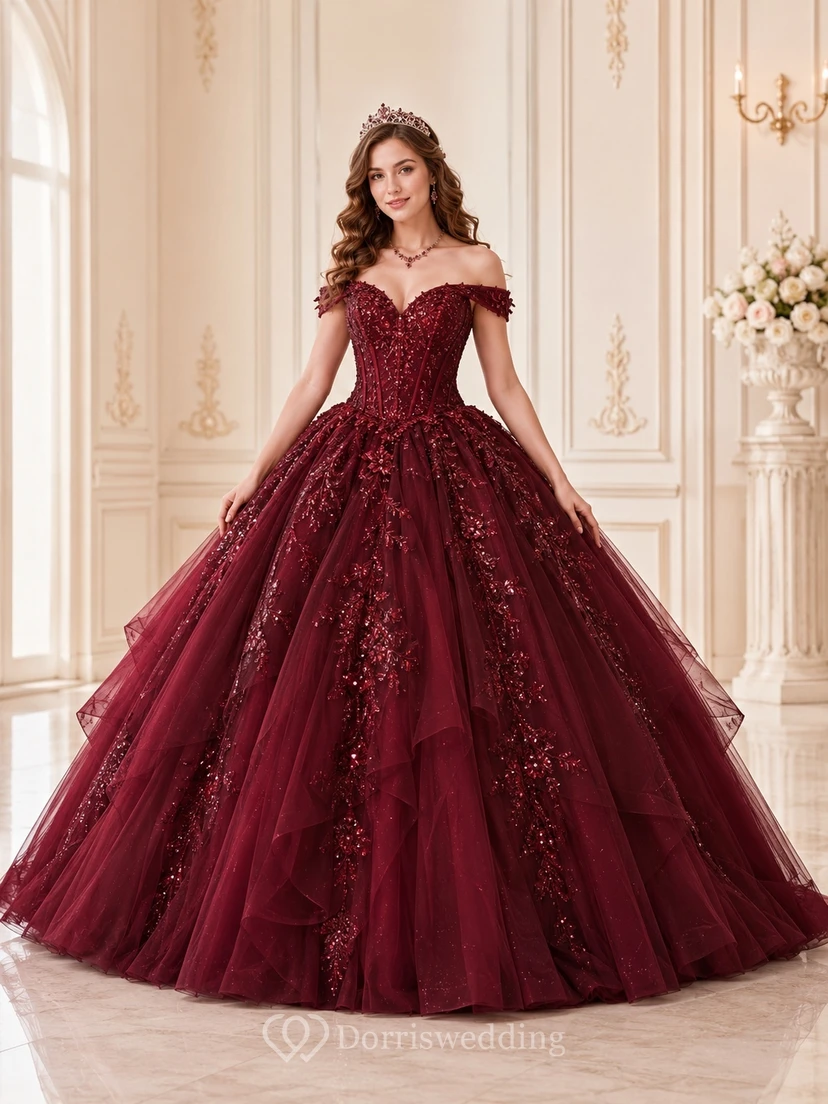 Robe de bal de quinceañera bordeaux, tulle à plusieurs épaisseurs, épaules dénudées, application de luxe, tenue de soirée