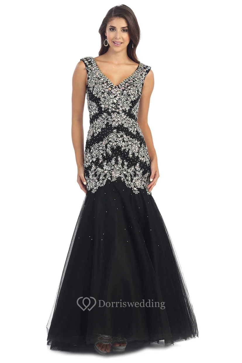 Mermaid V-Neck Sleeveless Tulle Low-V Back Dress With Beading And Pleats