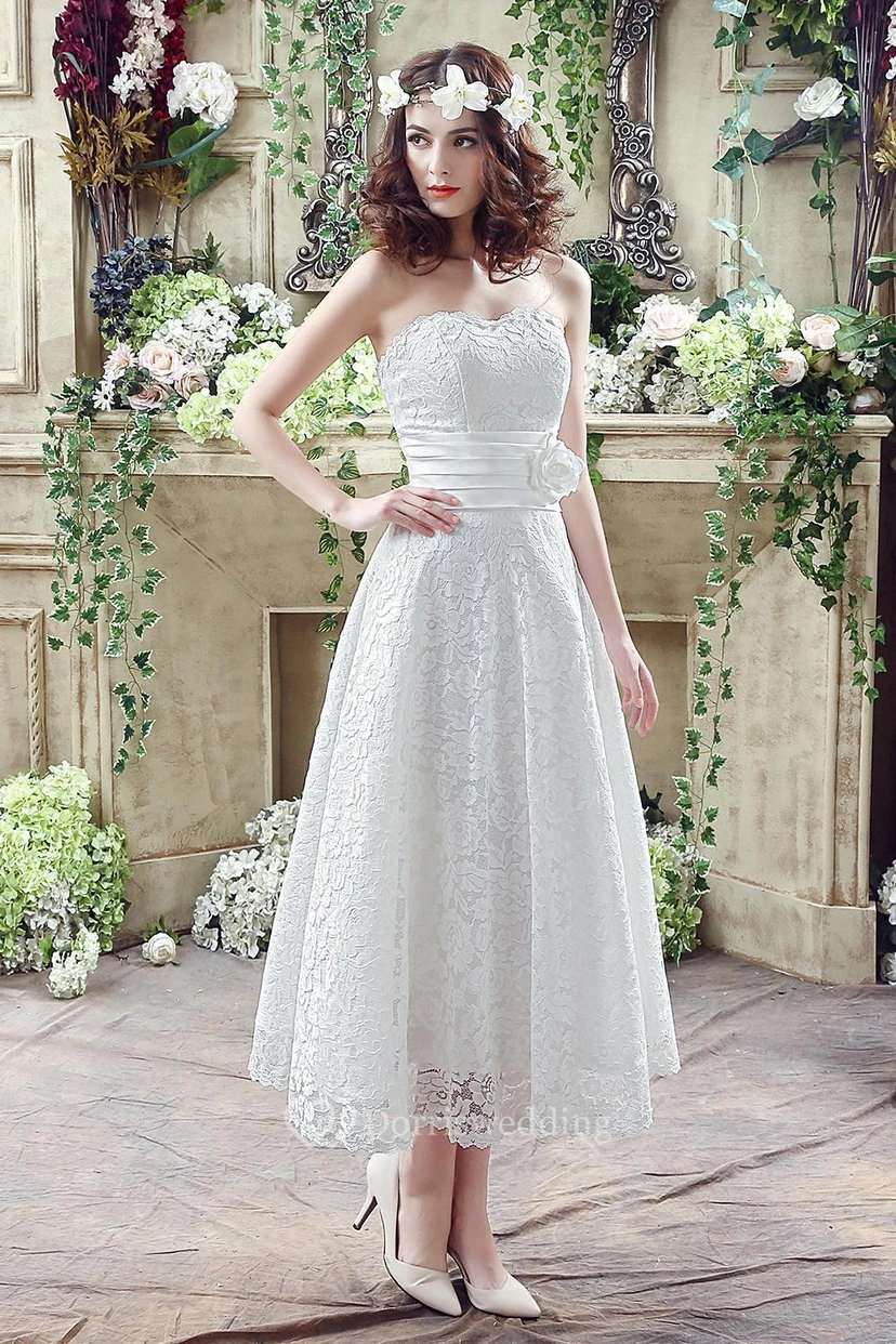 Delicate Lace Flower Strapless Tea Length Wedding Dress A-line Sleeveless Lace-up view 5