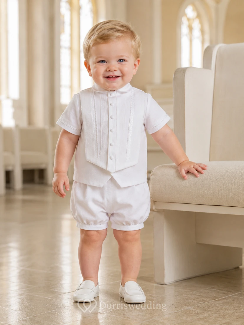 Weißer, kurzärmeliger, asymmetrischer Baby-Strampler aus Leinen mit LDS-Segnungsmotiv