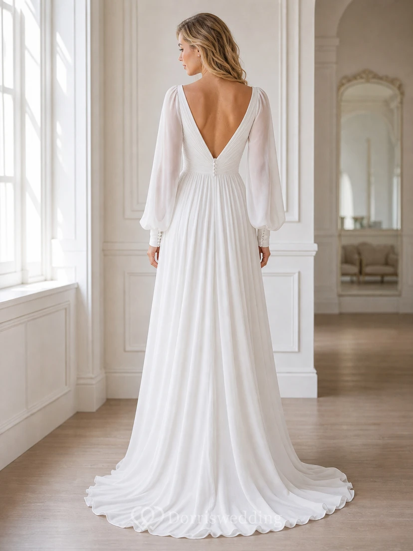 Chiffon-Hochzeitskleid mit langen Ärmeln und Puffärmeln in Übergröße im Empire-Stil view 3