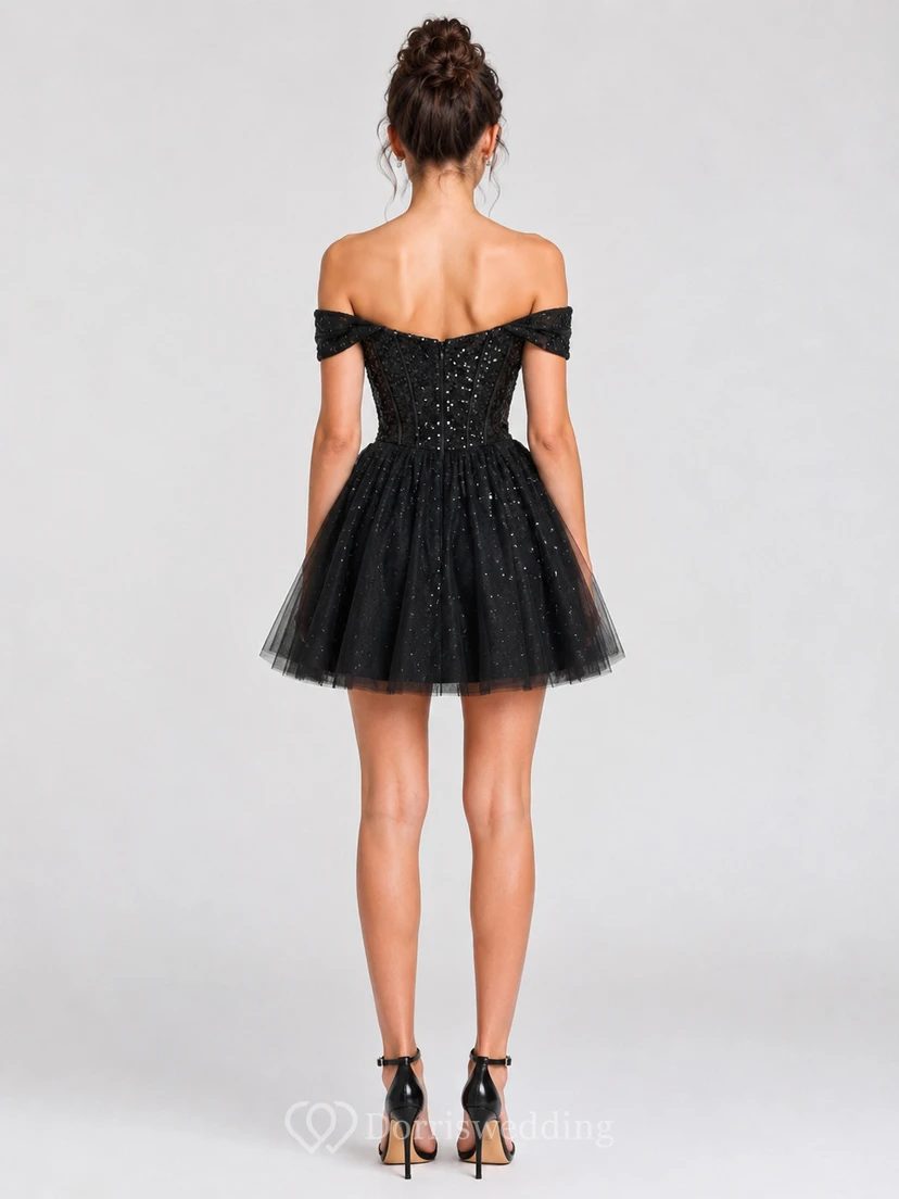 Short A-Line Short Off-the-Shoulder Short Sleeve Tulle Homecoming Dress with Sequins view 2
