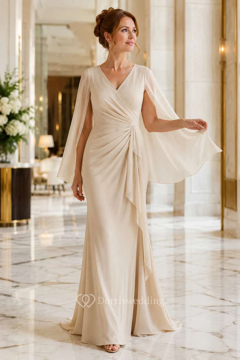 MOB-Kleid, elfenbeinfarbenes Satin-Etuikleid mit Cape-Ärmeln, V-Ausschnitt, bodenlang, Cape-Ärmel-Detail