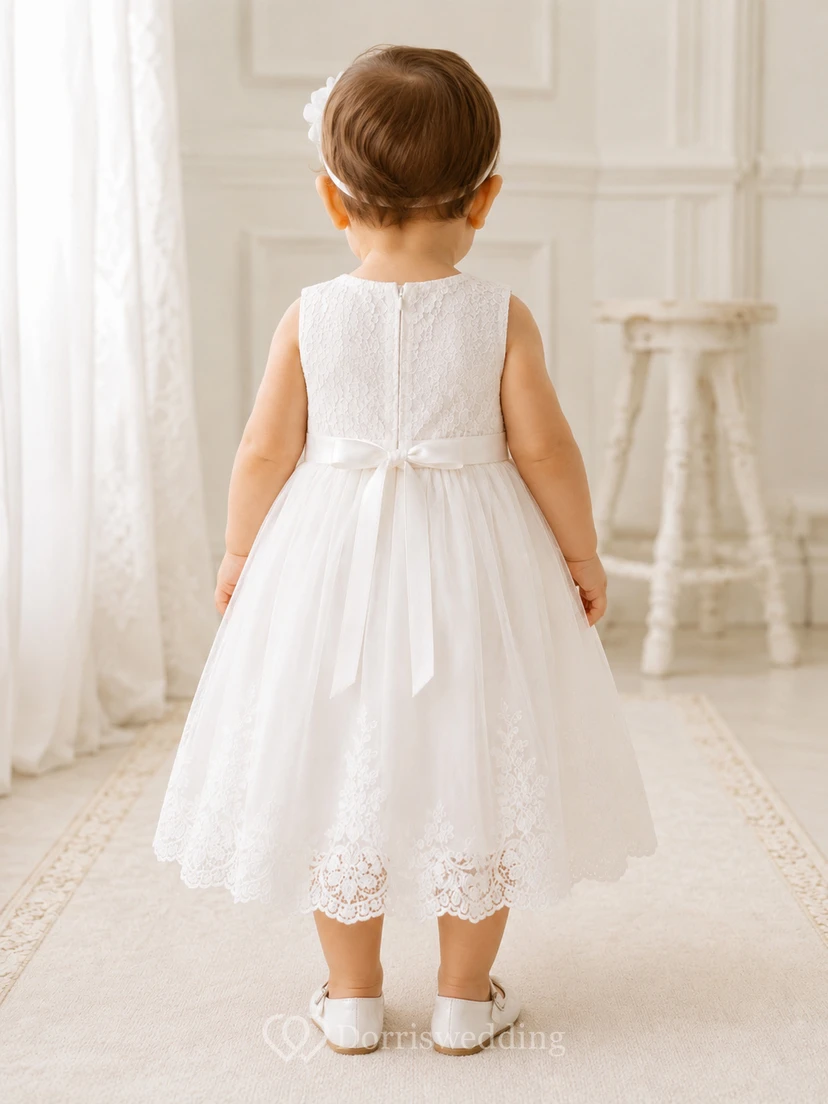 Sleeveless Baptism Dress A-Line Lace Tulle Jewel Neck Knee-Length view 2