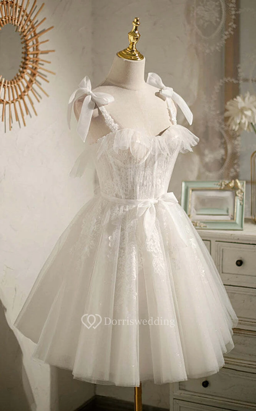 Tulle Adorable A-line Short Illusion Lace Wedding Dress with Bows view 3