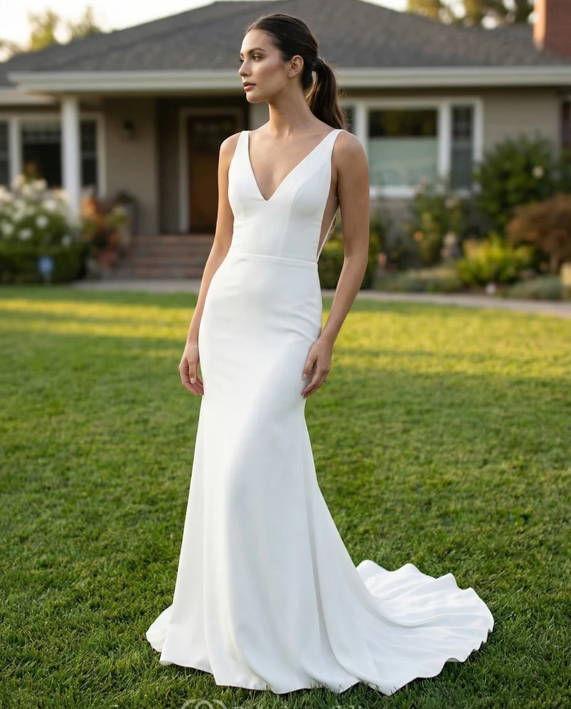 Robe de mariée sirène en satin à col V et dos en V