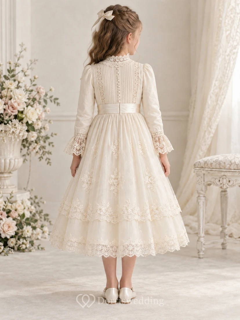 Teelanges, hochgeschlossenes, langärmeliges, elfenbeinfarbenes A-Linien-Kleid mit Spitze, Abnähern und Lagenlook für Blumenmädchen view 2