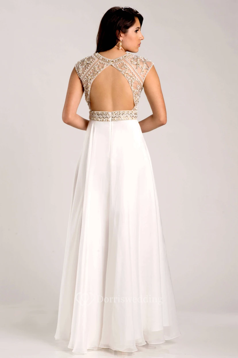 Chiffon A-Line Cap Sleeve Prom Dress With Metallic Bodice view 2