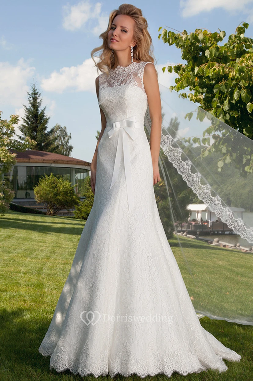 A-Line Bowed Bateau Floor-Length Sleeveless Lace Wedding Dress With Illusion Back And Court Train