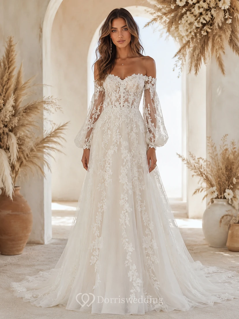 Boho Off-the-Shoulder Lace Wedding Dress with Long Bishop Sleeves, Corset Bodice & Romantic A-Line Train