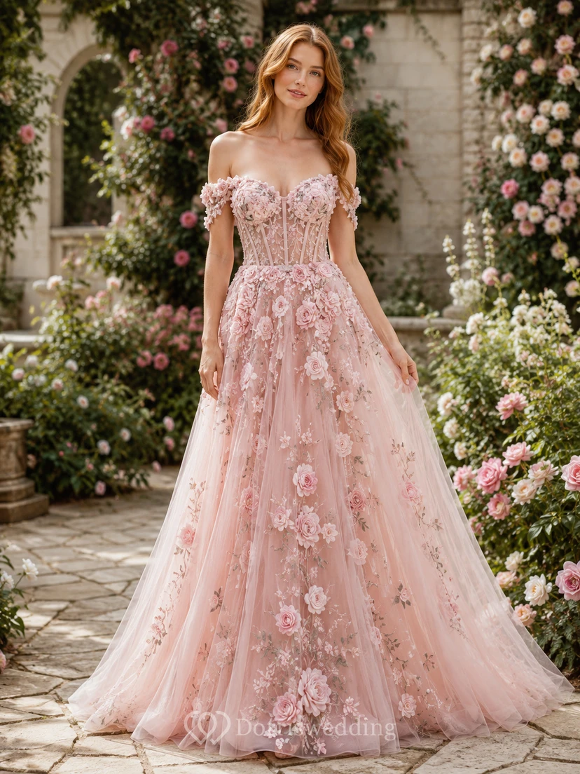 Rosafarbenes, schulterfreies A-Linien-Brautkleid mit 3D-Blumenmuster im Gartenstil