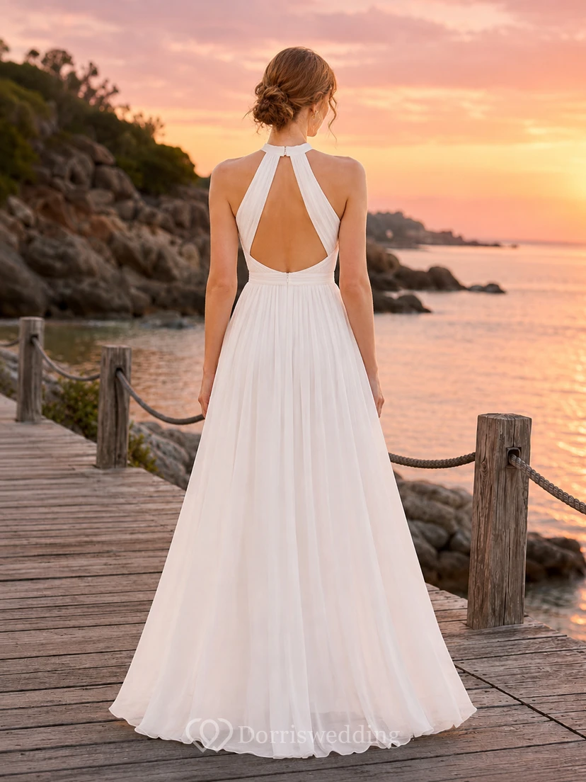 Halter Pleated Flowing Beach Dinner A Line Maxi Dress view 2