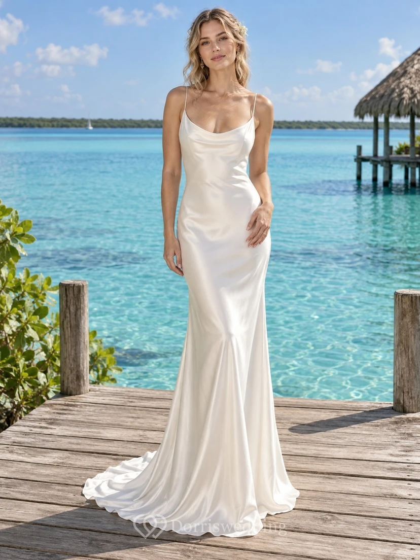 Simple Mermaid Cowl Neck Charmeuse Wedding Dress with Thin Straps and Sweep Train