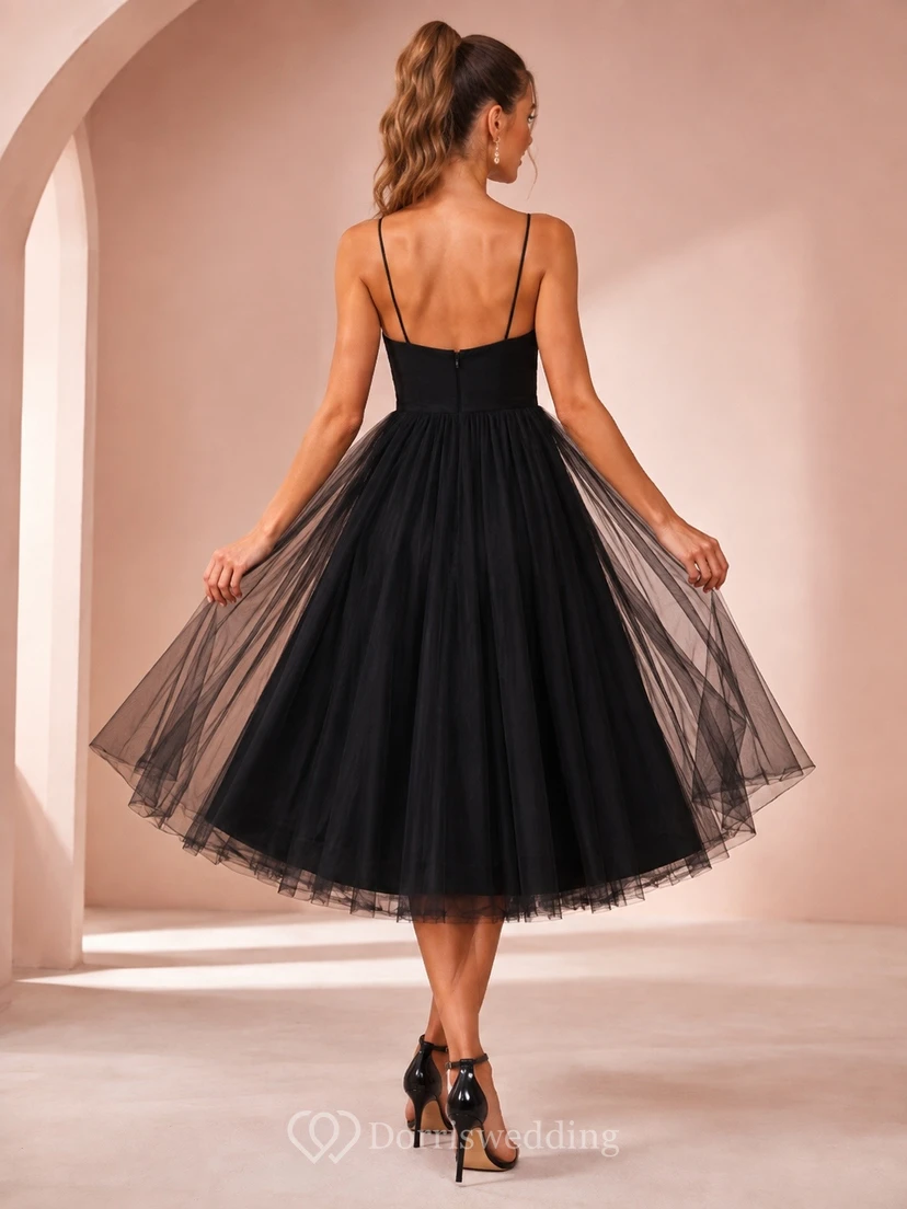 Robe de cocktail midi noire bustier en tulle à décolleté cœur view 2