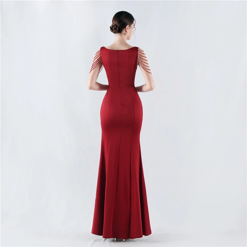 Heavy Hot Diamonds For Transparent Mesh High-Slit Satin Evening Dress Annual Meeting Wedding view 36