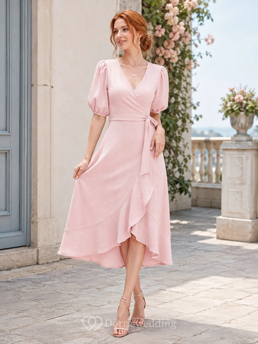 Light Pink Chiffon Wrap Short Sleeve Pleated A-line Midi Dress