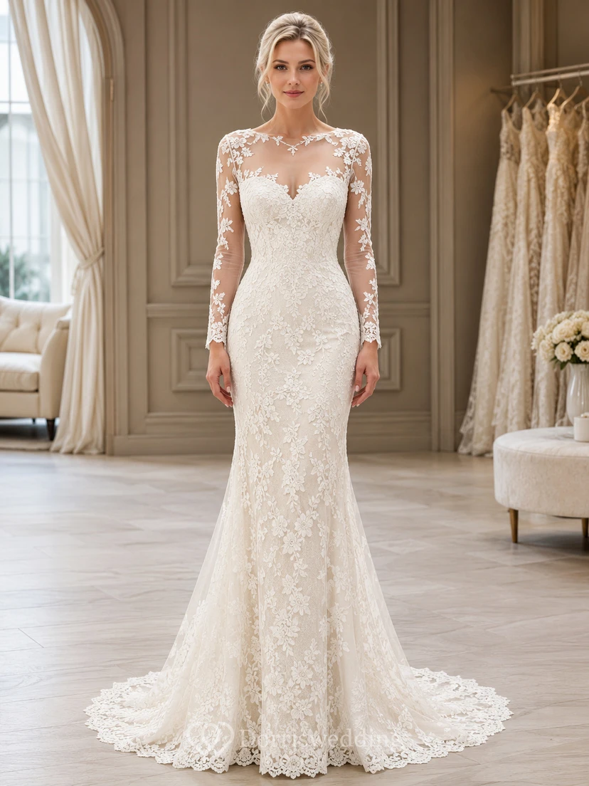 Robe de mariée sirène à manches longues transparentes, col bateau et dentelle florale polie, dos boutonné, ornée de boutons.