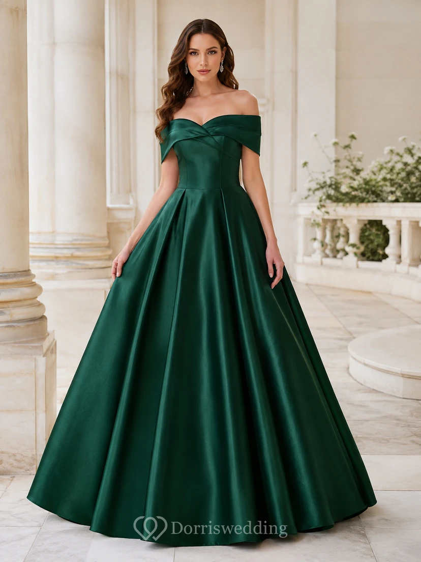 Dark Green Off-Shoulder Satin Ball Gown Quinceanera Dress Reception Luxury