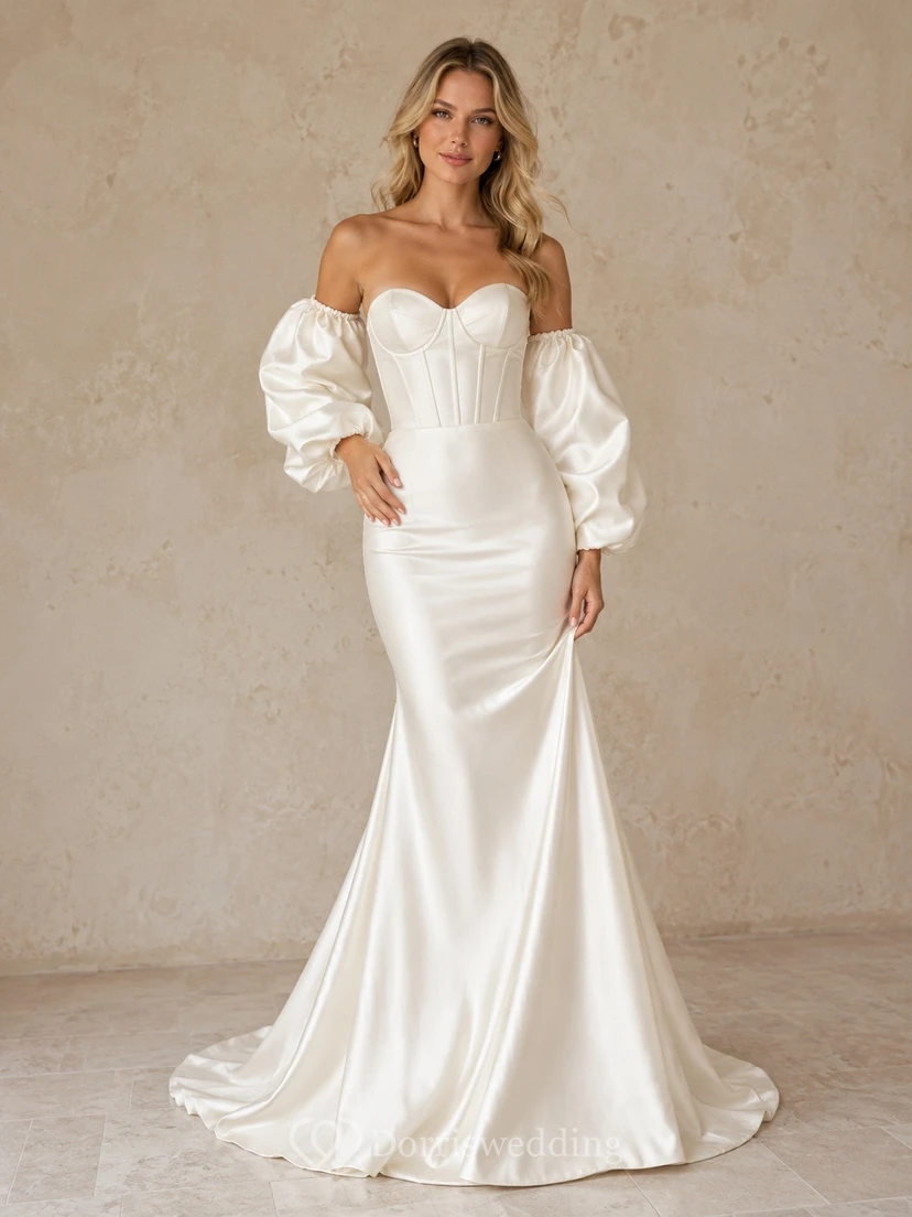 Vestido de novia largo hasta el suelo con corsé abullonado desmontable y mangas largas estilo sirena
