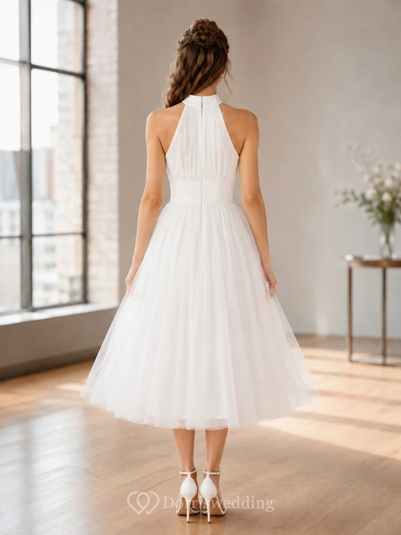White Halter High Neck Tulle Tea-Length A-Line Dress view 2
