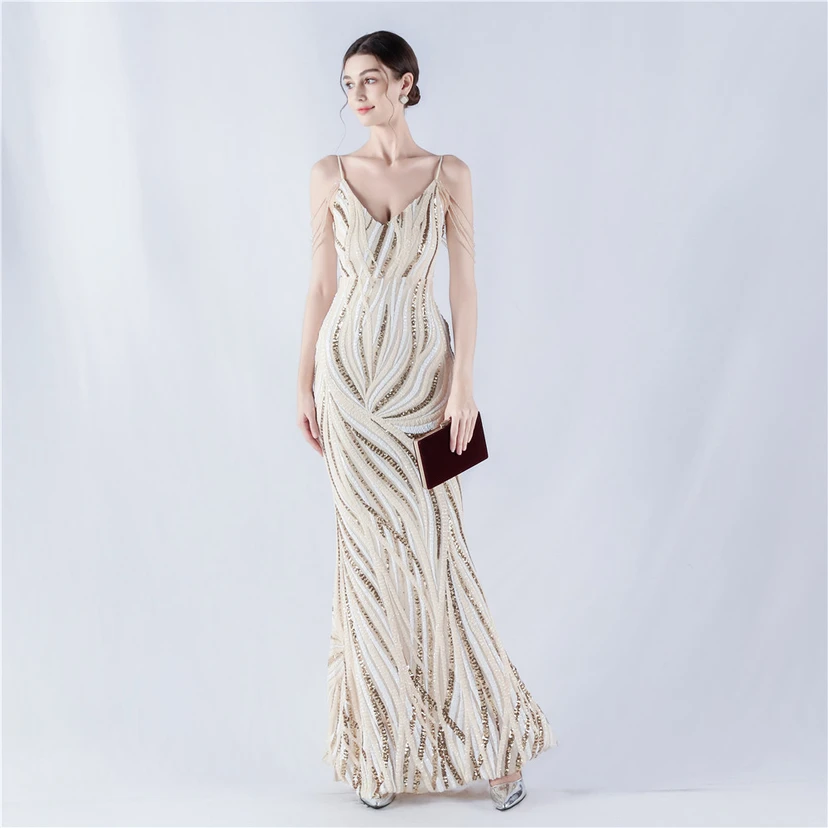 Sequined Striped Color Matching Slim Dinner Host Suspender Long Dress For Women view 23