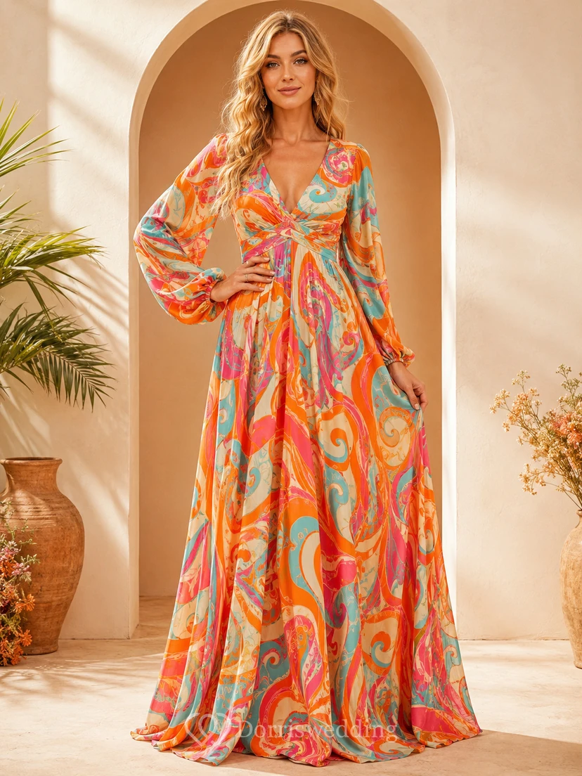 Seventies Psychedelic Print Bell Sleeve Flowing Maxi Occasion Dress