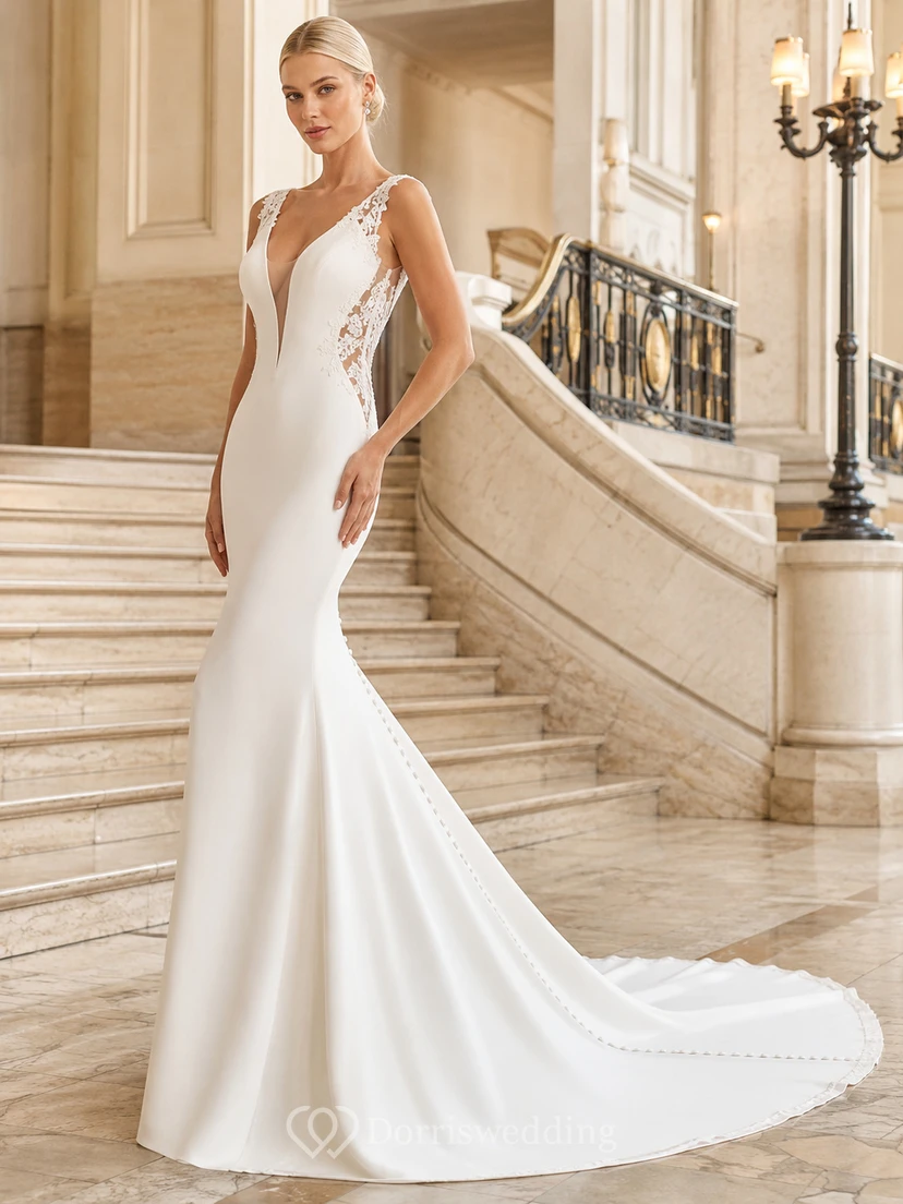 Robe de mariée sirène asymétrique en satin simple, dos nu, à une épaule, pour cour
