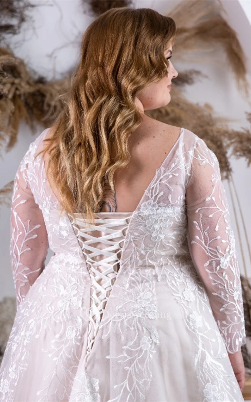 Plus Size A Line Tulle Plunging Neckline Wedding Dress with Appliques view 2