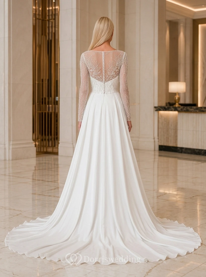 Robe de mariée courte à manches longues avec traîne chapelle view 2