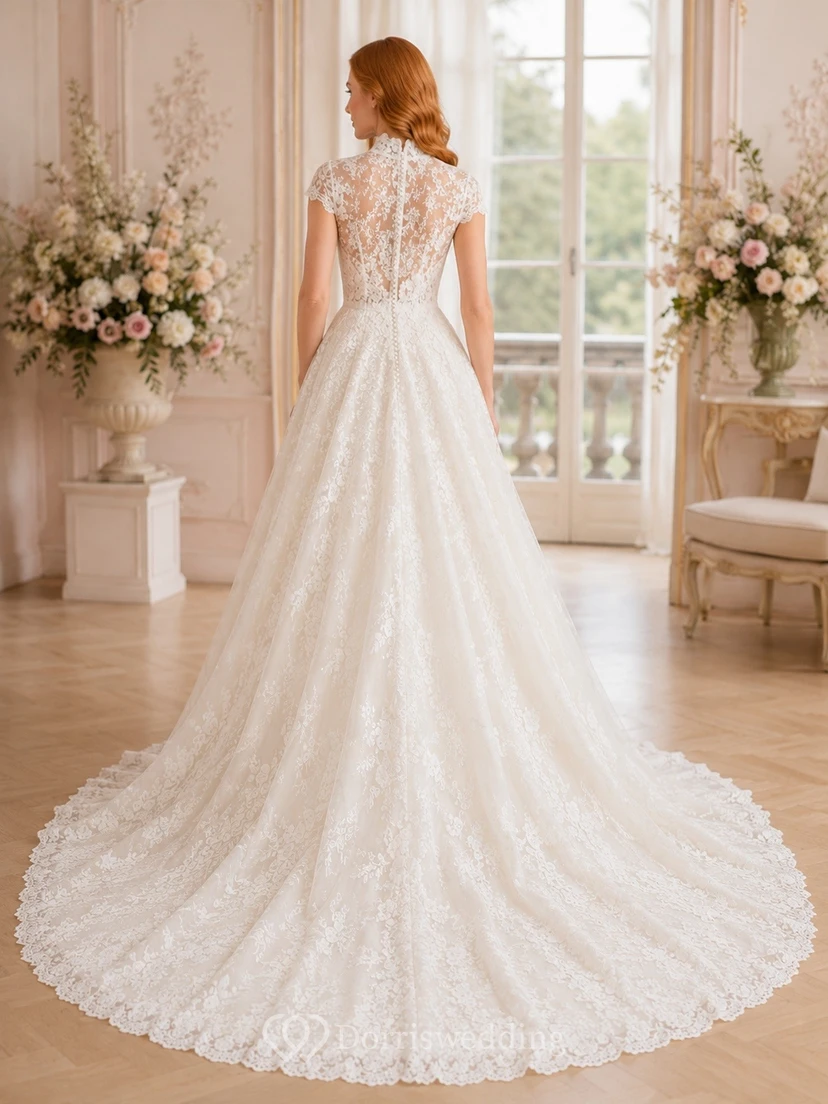 Vestido de novia de encaje con mangas cortas, cuello alto y corte en A, de estilo sencillo y estampado floral. view 2