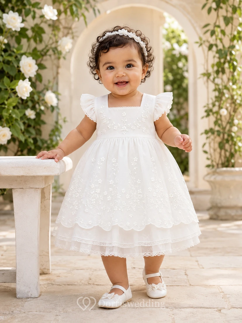 Hand Embroidered Baby Christening A-Line Square Neck Flutter Sleeve Dress Romantic Adorable Tulle