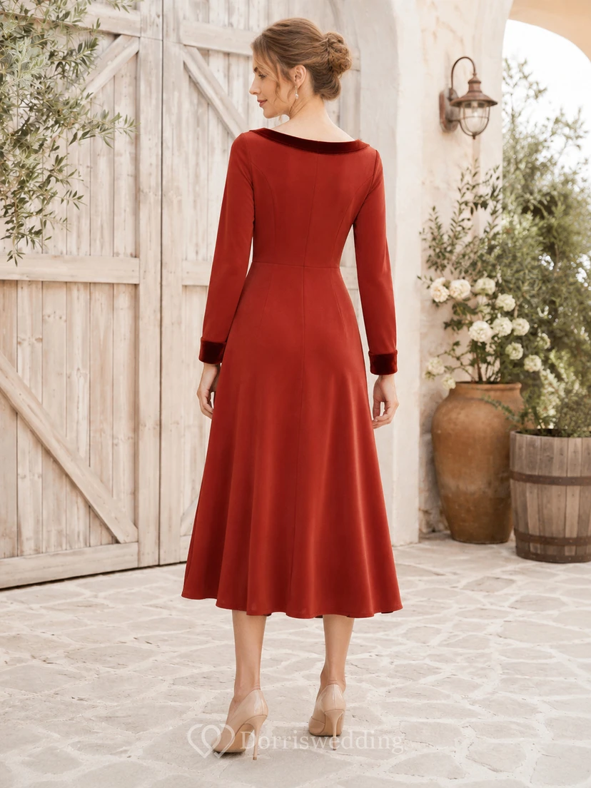Burgundy Bateau Neck Long Sleeve Velvet Tea Guest Dress view 2