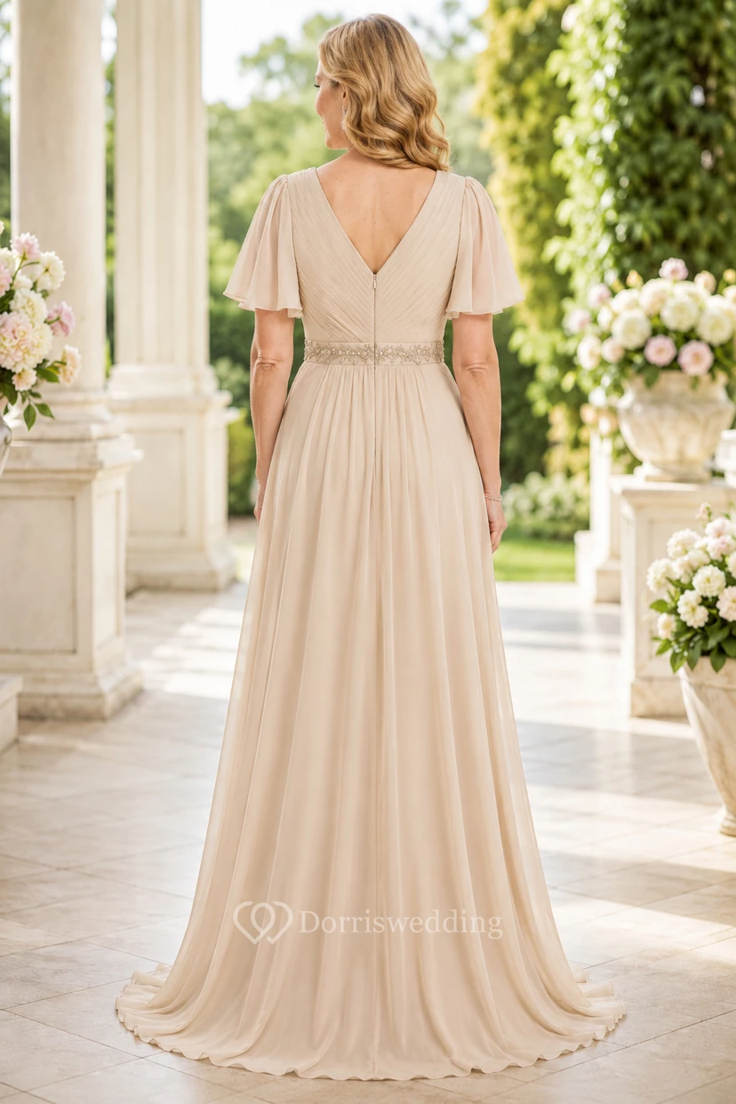 MOB-Kleid Champagnerfarbener Chiffon, A-Linie, kurze Ärmel, V-Ausschnitt, bodenlang, Perlenbesatz view 2