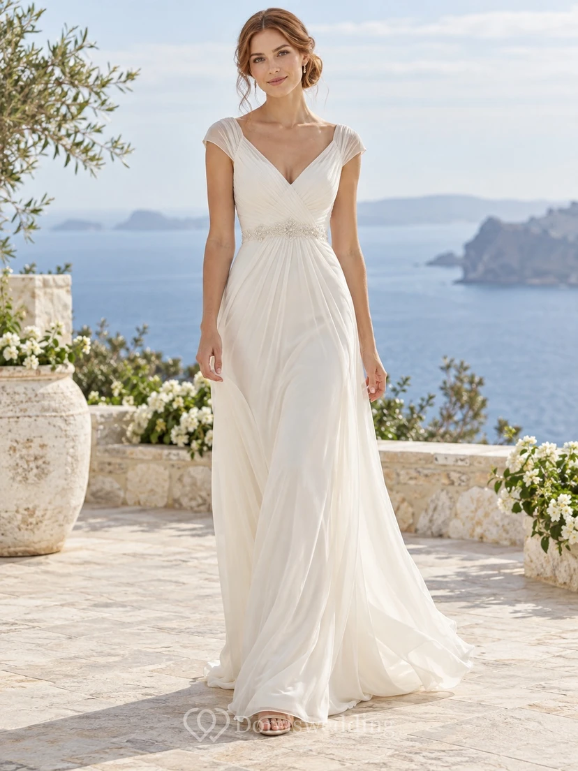V-neck Cap Sleeve Pleated Chiffon A-line Train Wedding Dress