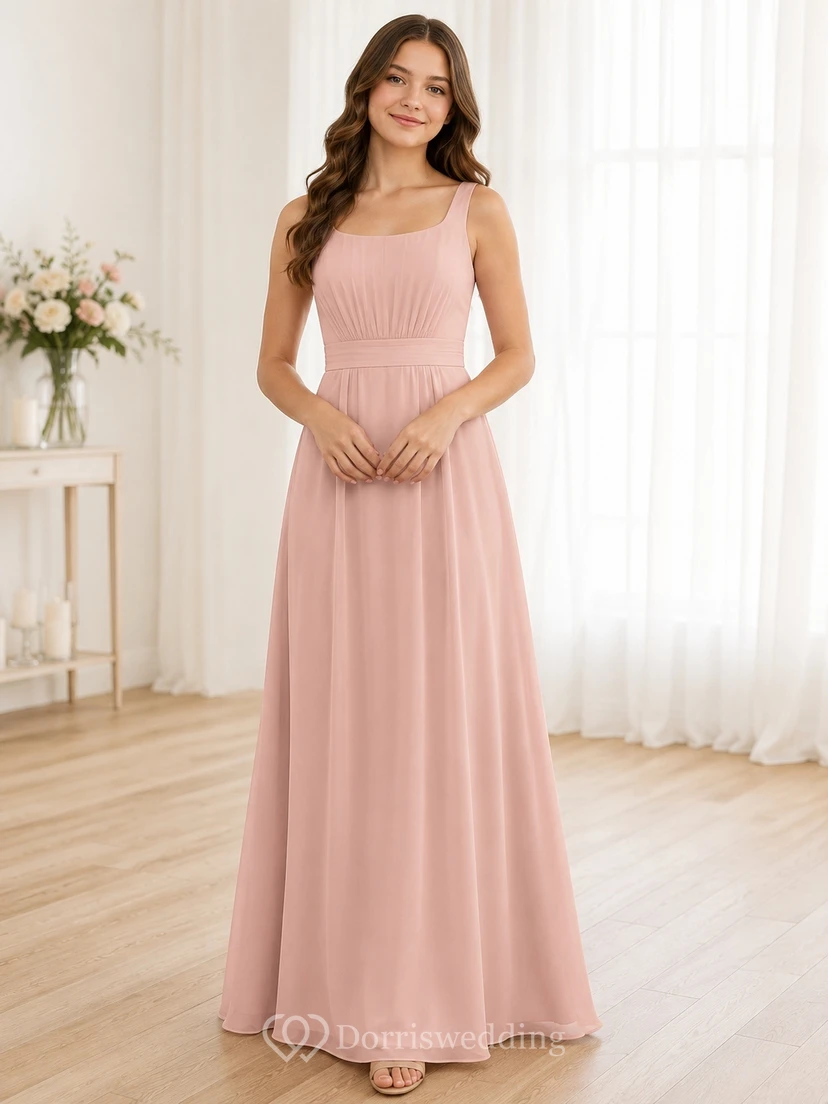 Vestido de dama de honor juvenil rosa perla, corte en A, cuadrado, sin mangas, sencillo