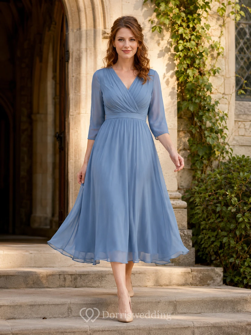 Dusty blue three quarter sleeve V-neck chiffon chapel dress