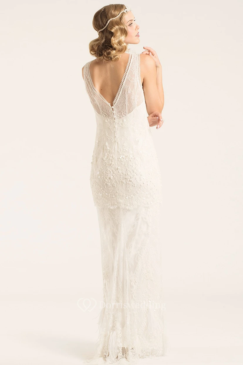 Floor-Length V-Neck Beaded Lace Wedding Dress With Appliques And V Back view 2