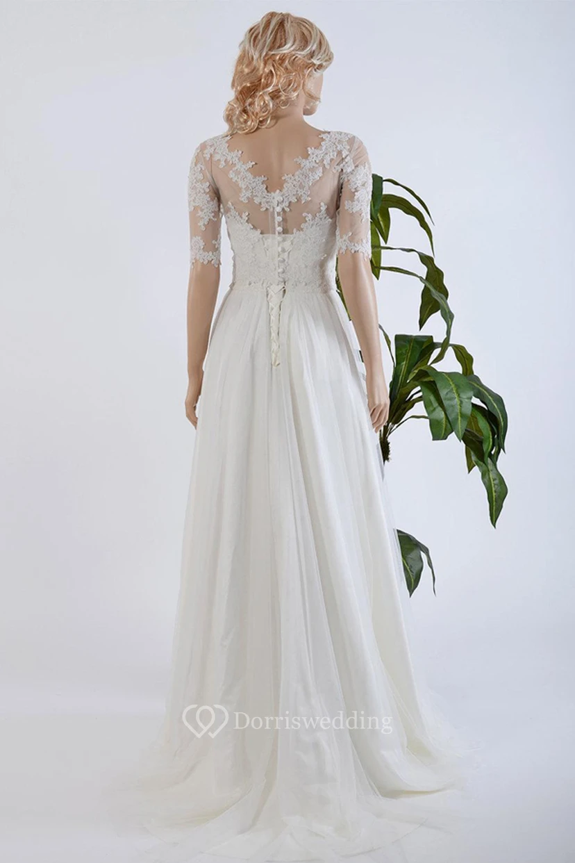 Bolero de encaje con lazo de tul y satén, vestido de novia modesto view 2