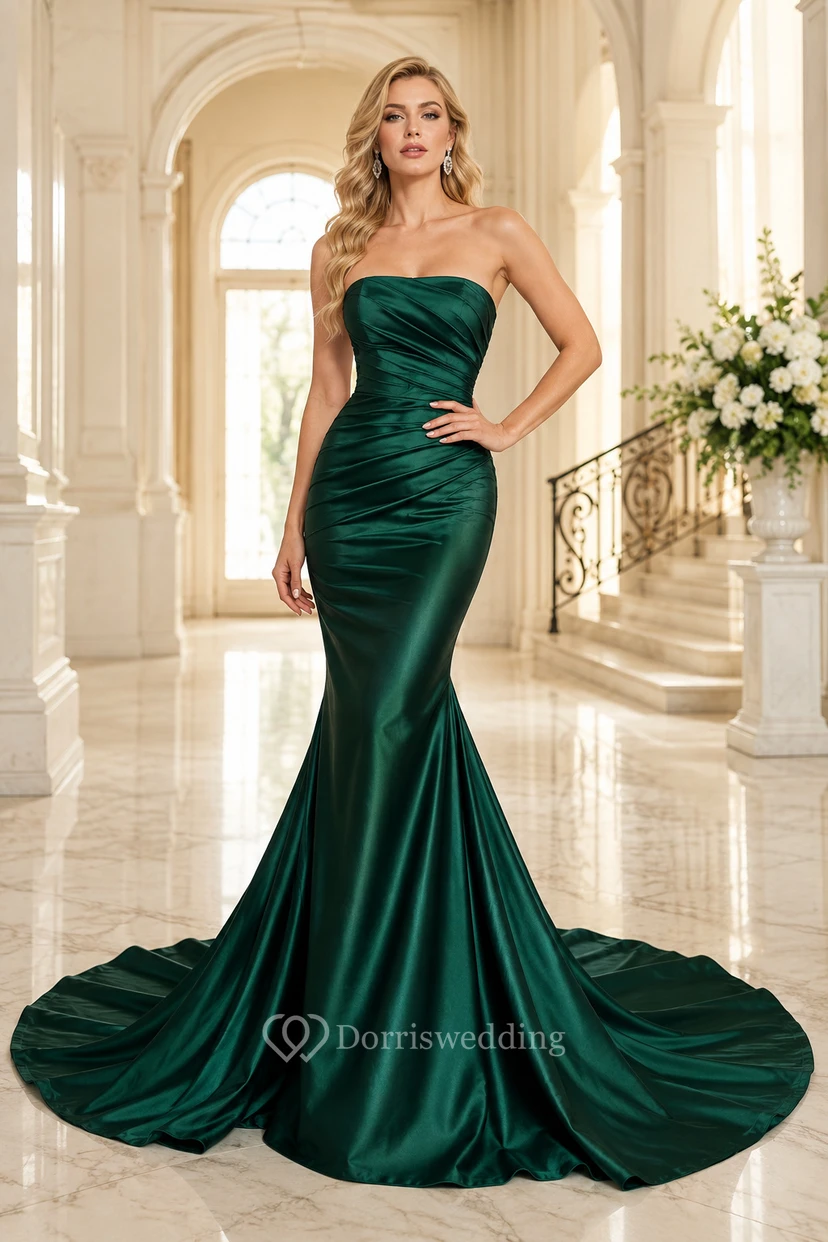 Robe de soirée sirène bustier en satin émeraude