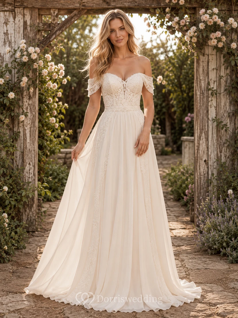 Boho Off Shoulder Chiffon A-Line Rustic Garden Wedding Dress