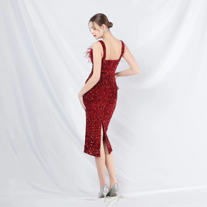 Craft Ostrich Feather Velvet Sequined Evening Dress view 69