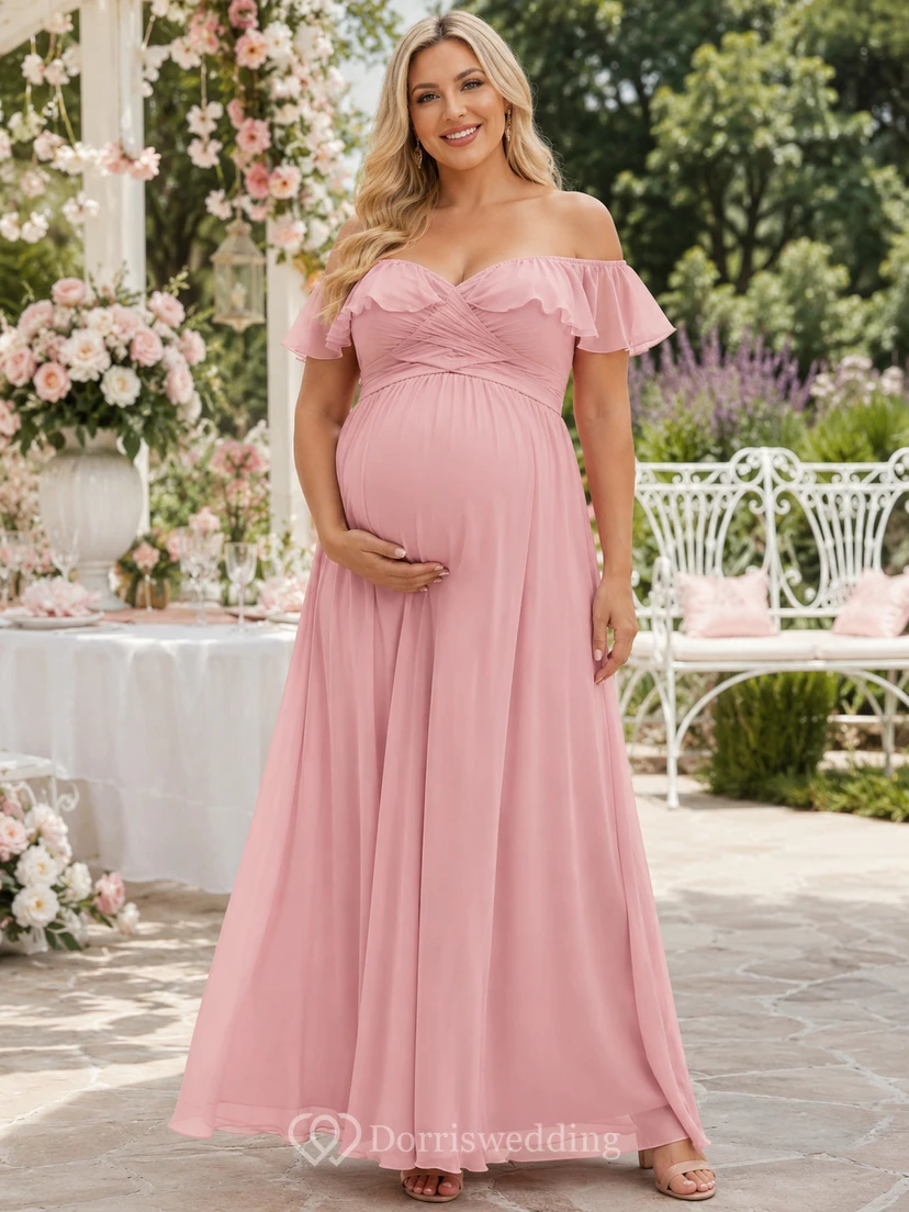 Rose Canopy Blush Empire Floor-Length Off-Shoulder Short-Sleeve Chiffon Romantic Maternity Dress