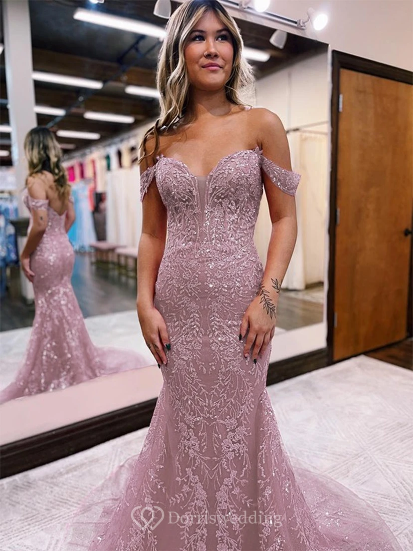 Exquisite Off-the-shoulder Beaded Mermaid Low-v Back Prom Dress view 4