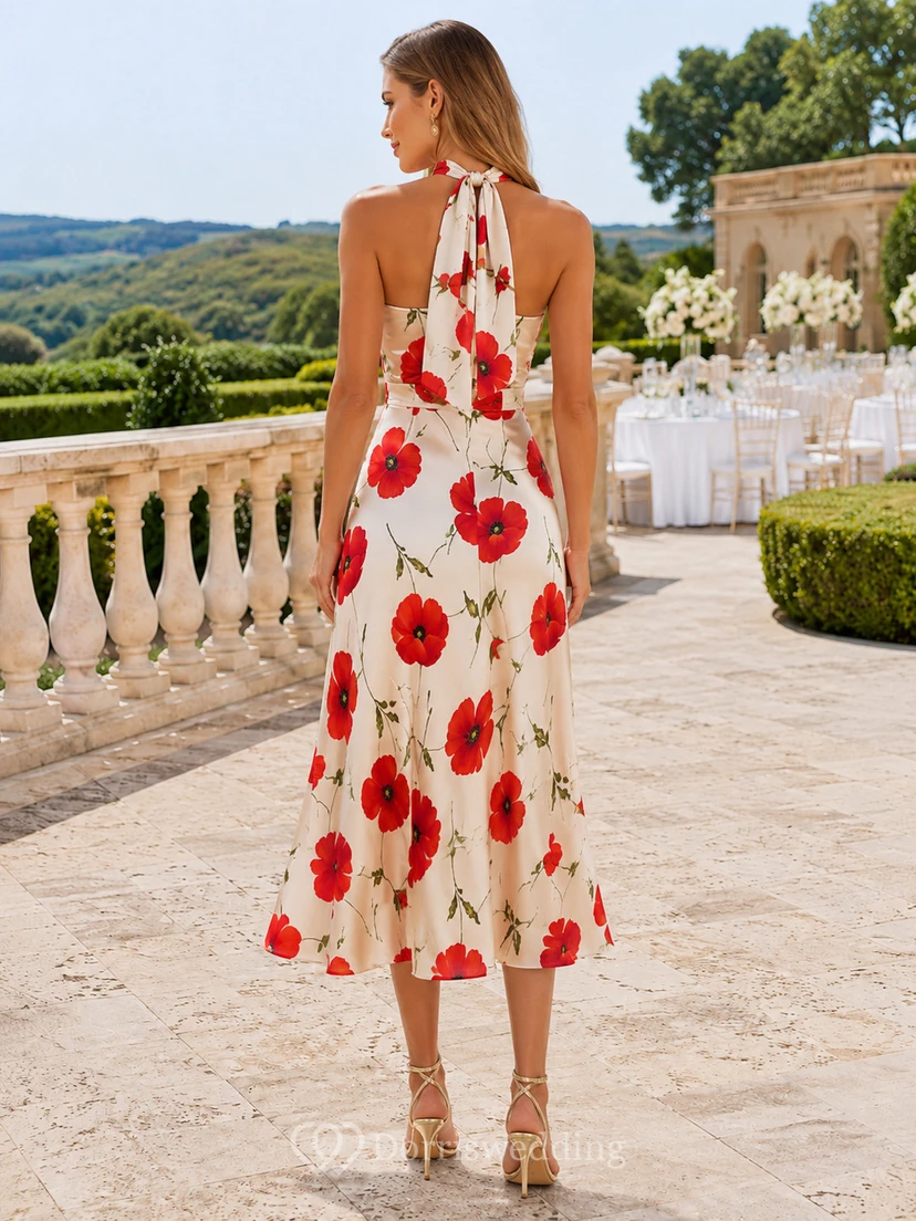Ivory Red Poppy High Halter Satin Sheath Guest Dress view 2