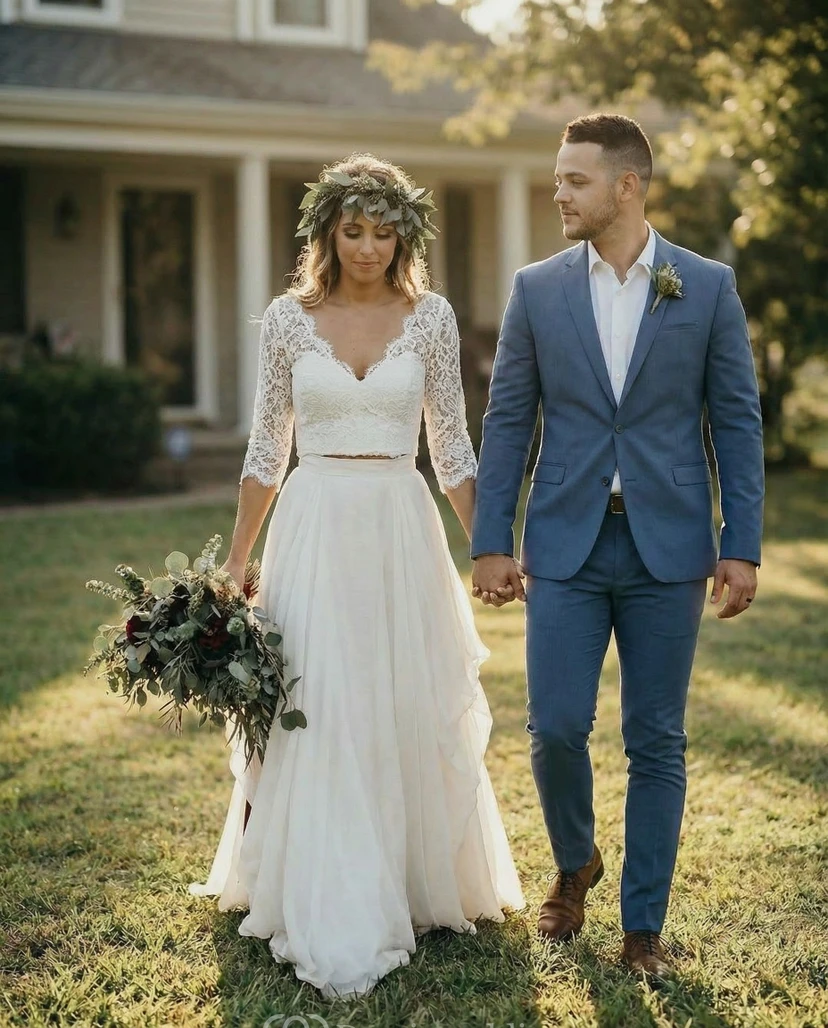 Zweiteiliges Brautkleid aus Spitze mit 3/4-Ärmeln