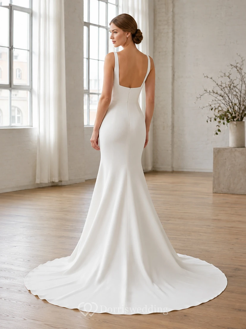 Robe de mariée sirène minimaliste en satin, col carré, sans manches, traîne chapelle, encolure carrée, sans manches. view 2